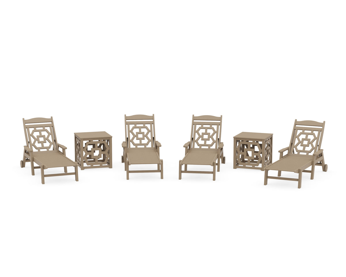 POLYWOOD Chinoiserie 6-Piece Chaise Set with Umbrella Stand Accent Table in Vintage Sahara