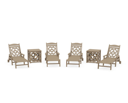 POLYWOOD Chinoiserie 6-Piece Chaise Set with Umbrella Stand Accent Table in Vintage Sahara