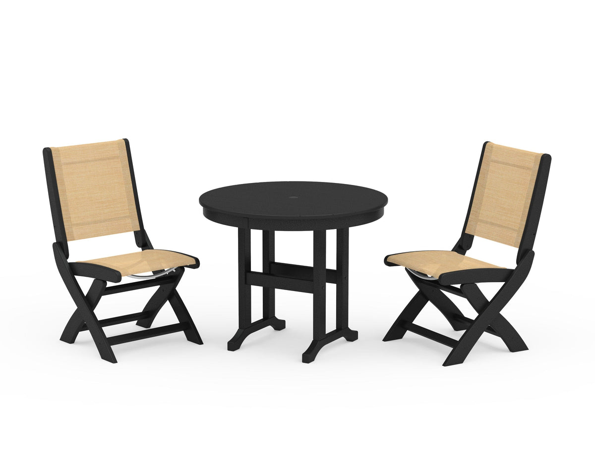 POLYWOOD Coastal Folding Side Chair 3-Piece Round Dining Set in Black / Dupioni Apricot
