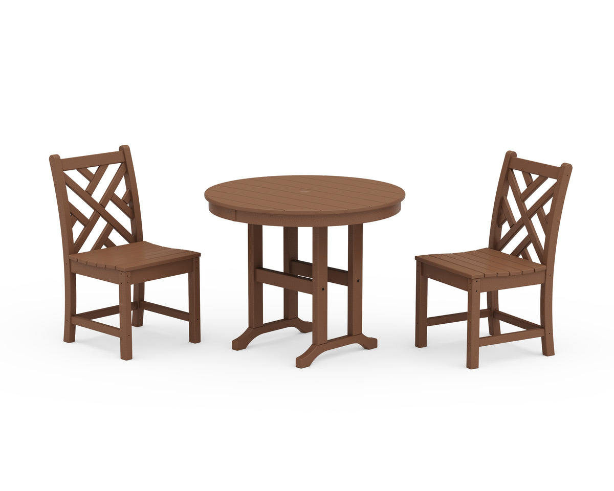 POLYWOOD Chippendale Side Chair 3-Piece Round Dining Set in Teak
