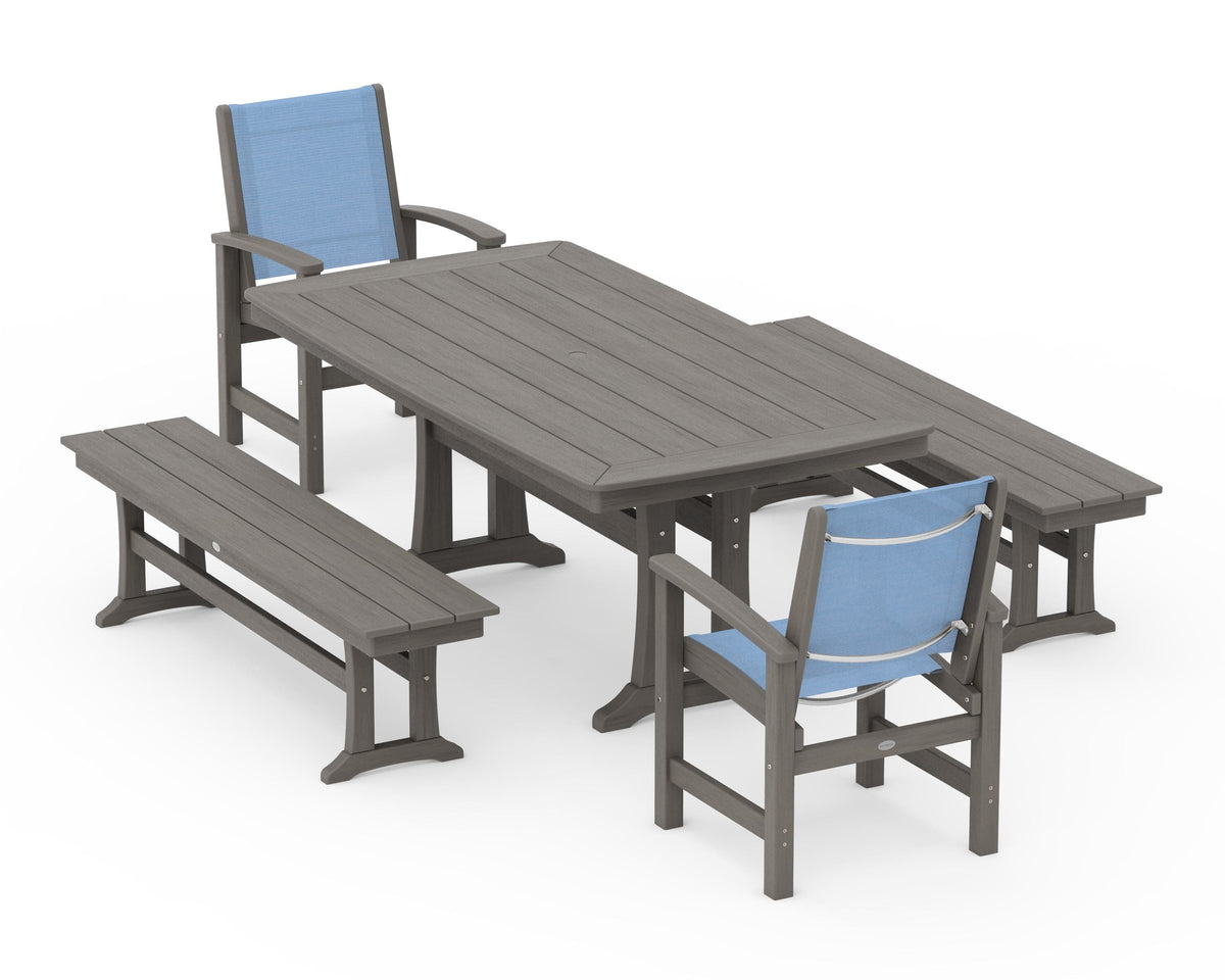 POLYWOOD Coastal 5-Piece Dining Set with Trestle Legs and Benches in Driftwood / Poolside