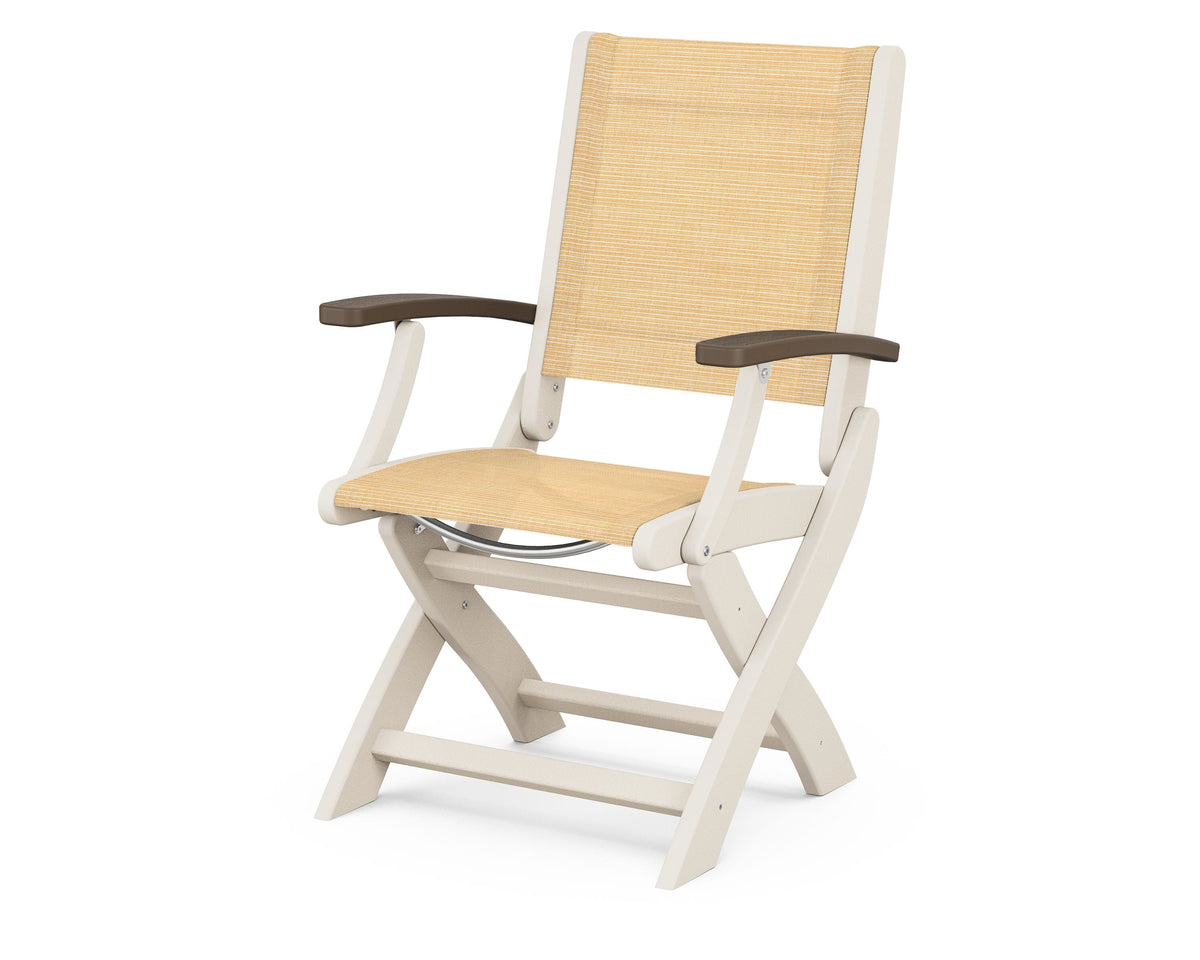 POLYWOOD Coastal Folding Chair in Sand with Kona arms and Dupioni Apricot sling