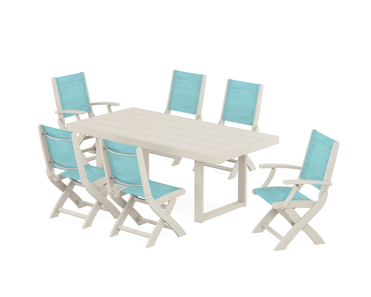 POLYWOOD Coastal Folding Chair 7-Piece Dining Set with Trestle Legs with EDGE 40" x 78" Dining Table in Sand / Dupioni Aquamarine