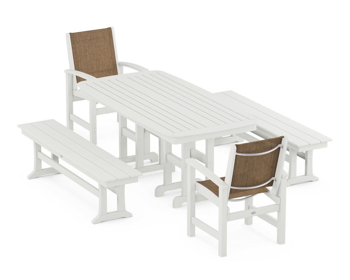 POLYWOOD Coastal 5-Piece Dining Set with Nautical 37" x 72" Dining Table in Vintage White / Burlap