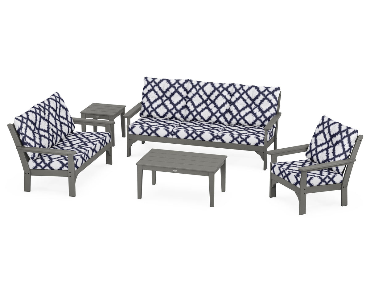 POLYWOOD Vineyard 5-Piece Deep Seating Set with Sofa in Slate Grey / Trellis Navy