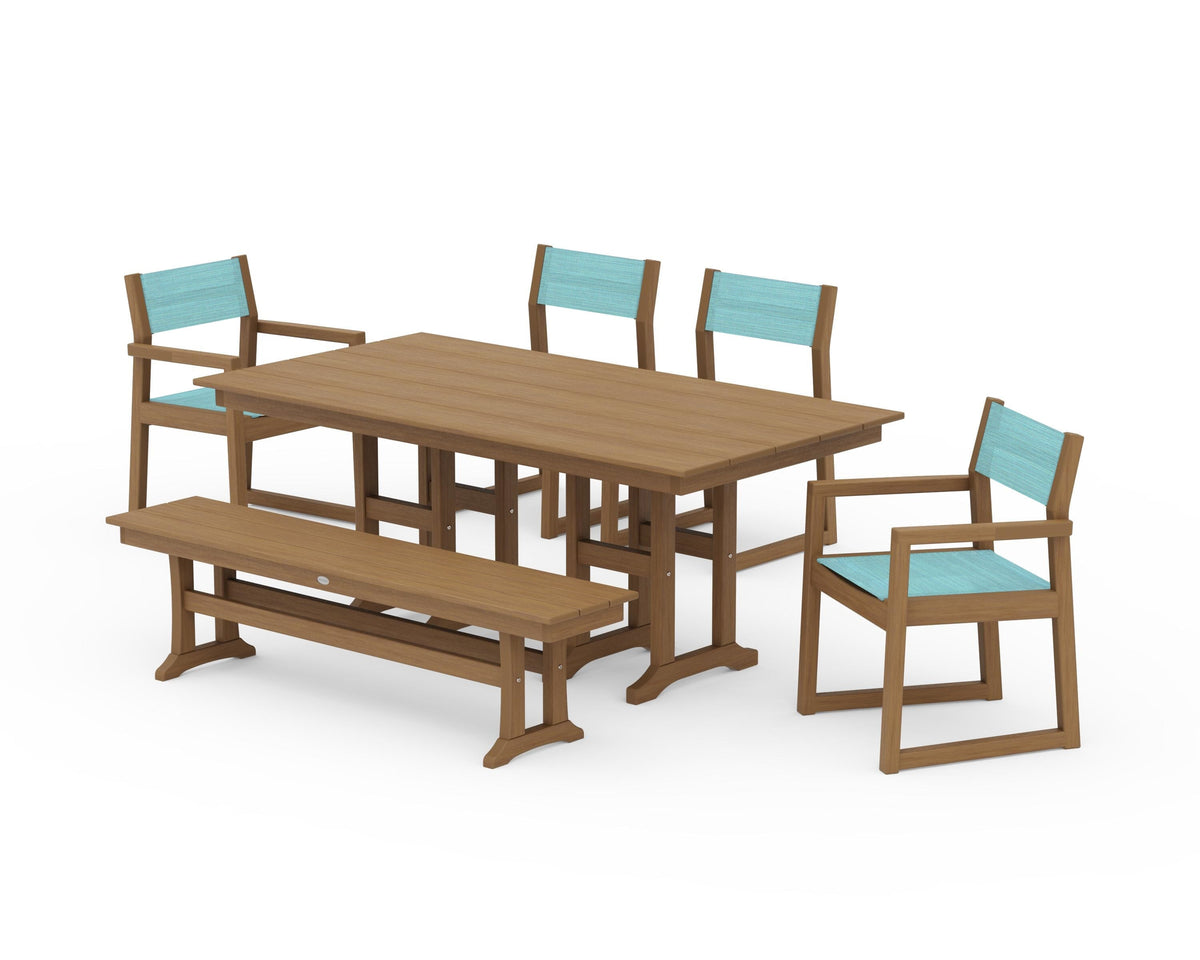 POLYWOOD EDGE Sling 6-Piece Farmhouse Dining Set in Natural / Dupioni Aquamarine