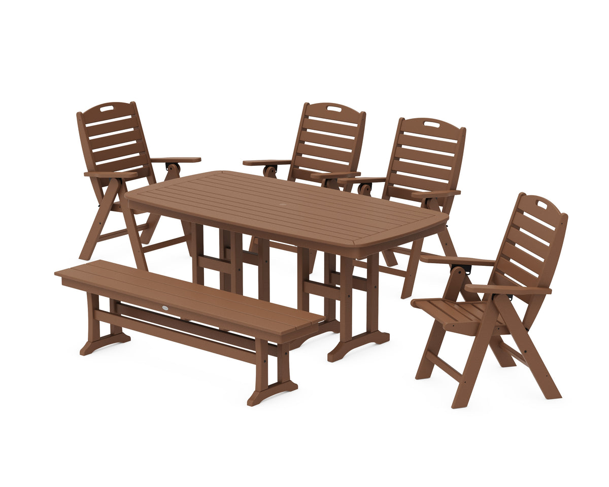 POLYWOOD Nautical Highback 6-Piece Dining Set with Bench in Teak