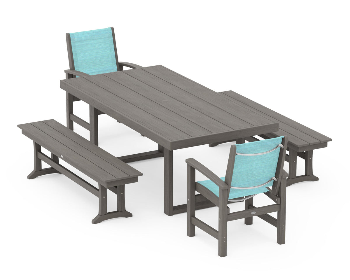 POLYWOOD Coastal 5-Piece Dining Set with Trestle Legs with EDGE 40" x 78" Dining Table in Driftwood / Dupioni Aquamarine