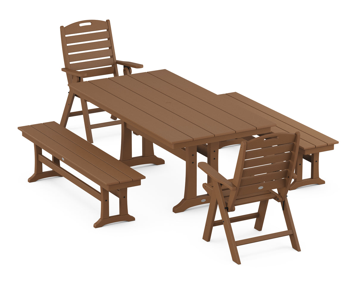 POLYWOOD Nautical Folding Highback Chair 5-Piece Farmhouse Dining Set with Trestle Legs and Benches in Teak