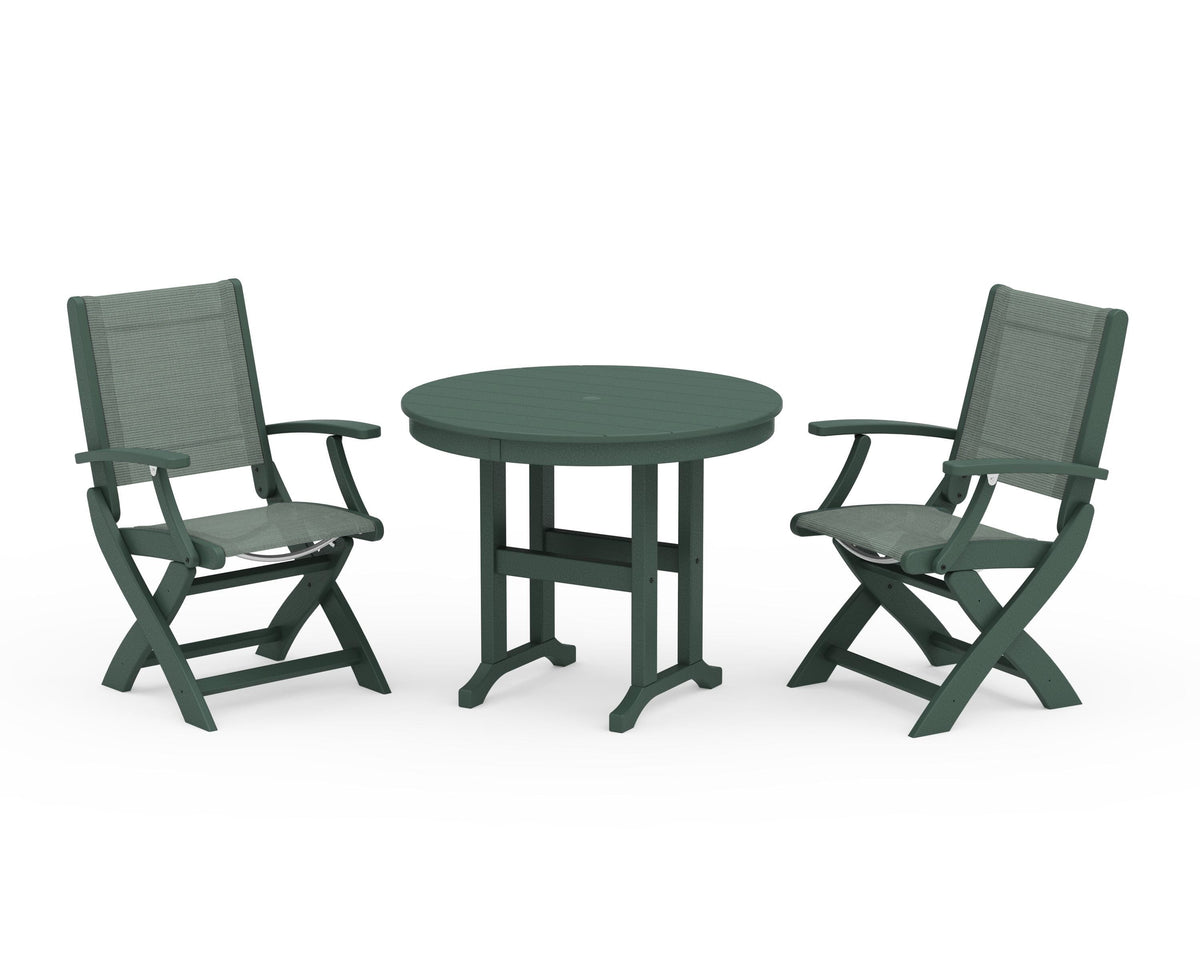 POLYWOOD Coastal Folding Chair 3-Piece Round Dining Set in Green / Dupioni Sea Mist