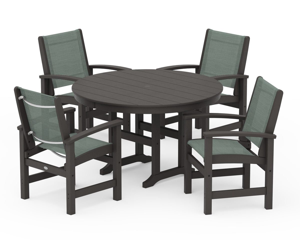 POLYWOOD Coastal 5-Piece Round Farmhouse Dining Set in Vintage Coffee / Dupioni Sea Mist