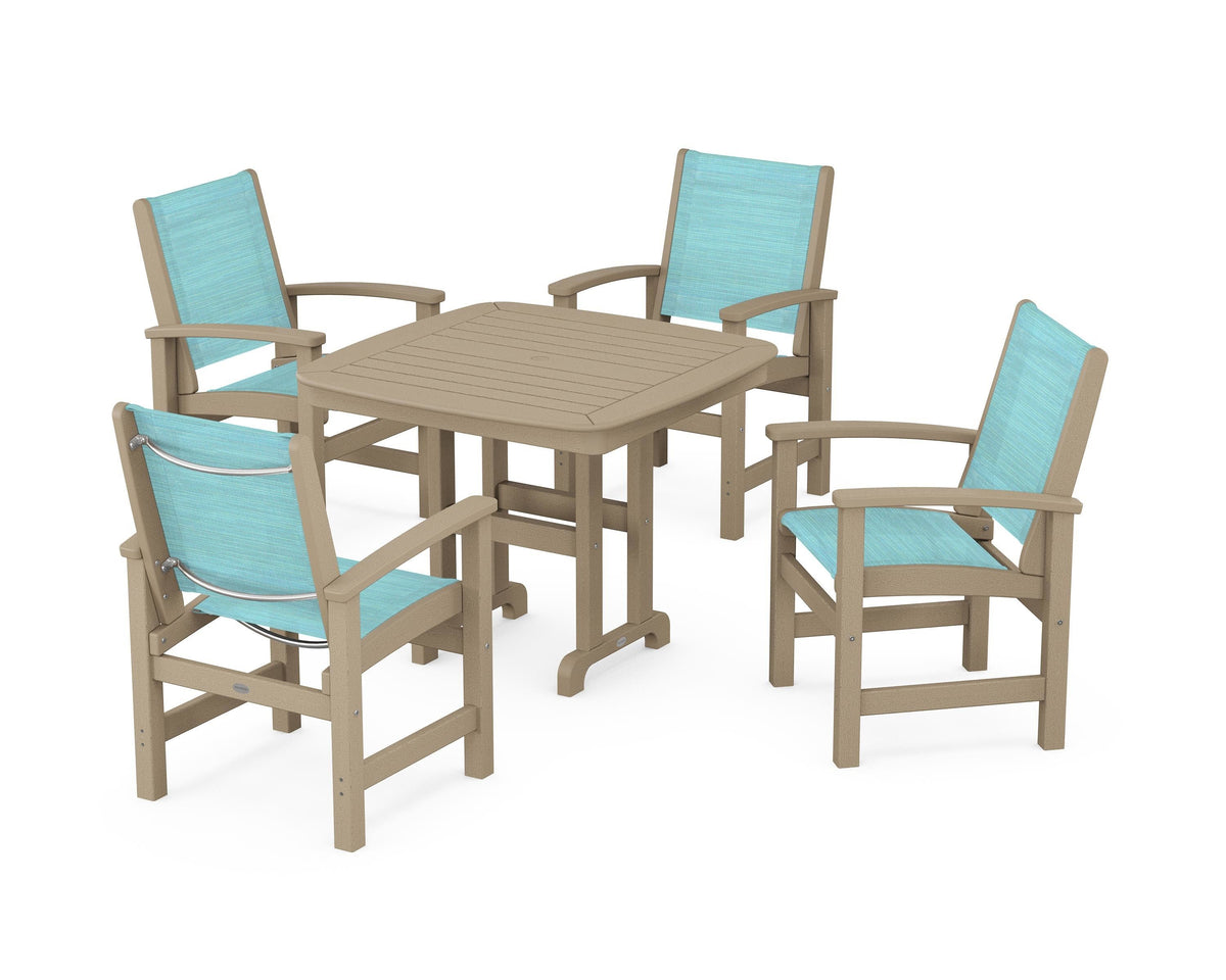 POLYWOOD Coastal 5-Piece Dining Set with Nautical 37" Dining Table in Vintage Sahara / Dupioni Aquamarine