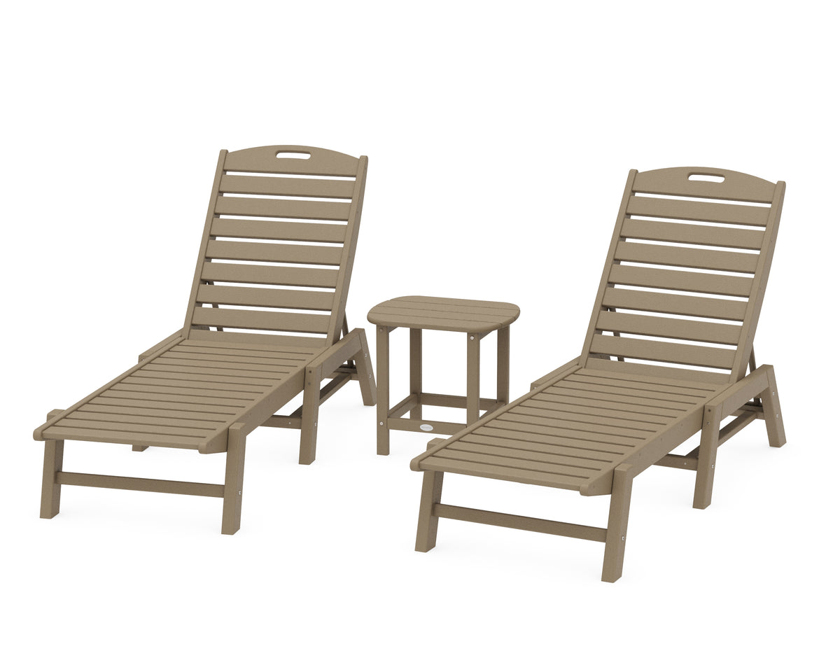 POLYWOOD Nautical 3-Piece Chaise Lounge Set with South Beach 18" Side Table in Vintage Sahara