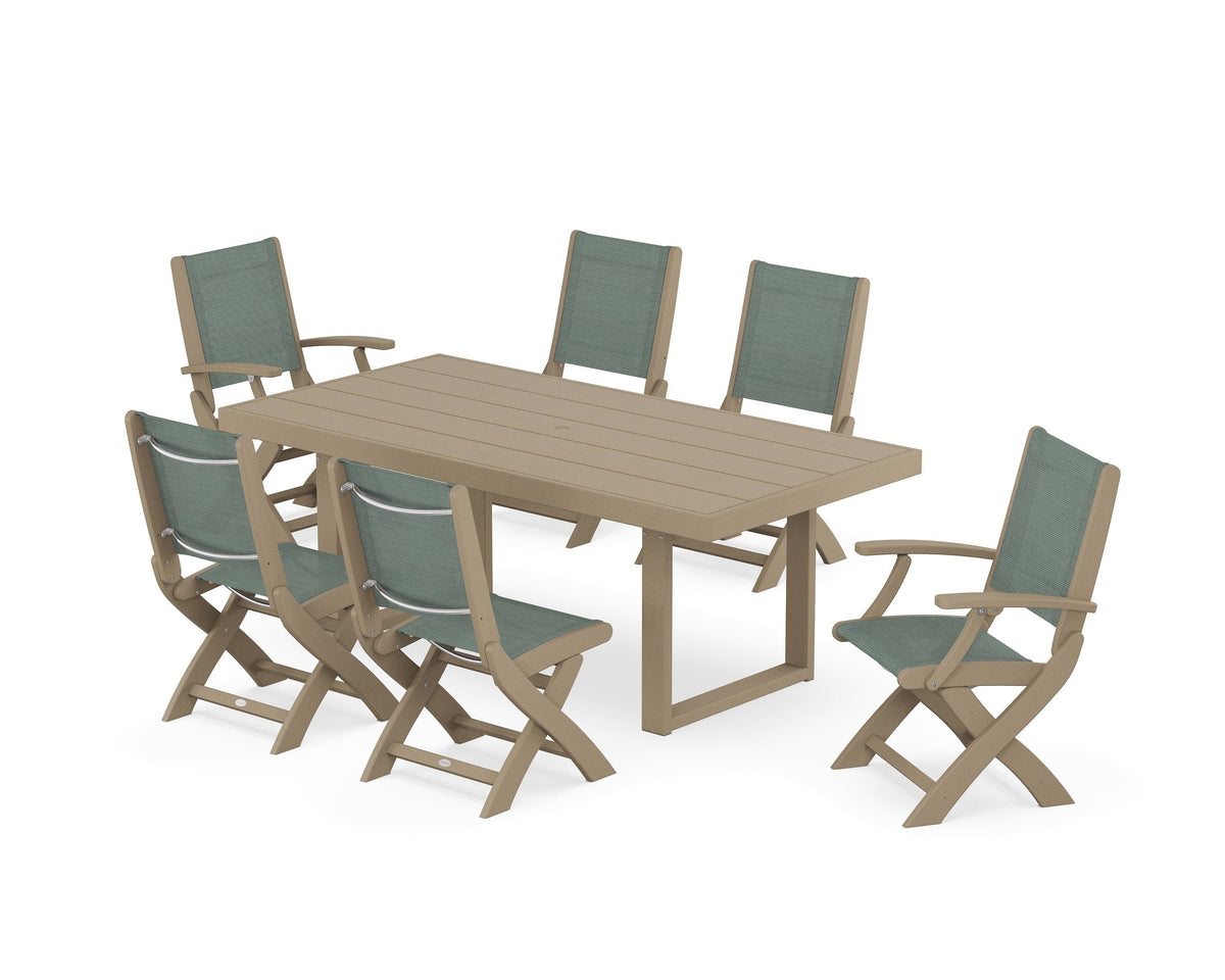 POLYWOOD Coastal Folding Chair 7-Piece Dining Set with Trestle Legs with EDGE 40" x 78" Dining Table in Vintage Sahara / Dupioni Sea Mist