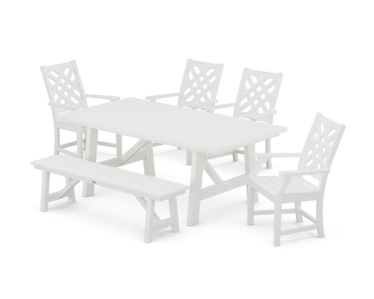POLYWOOD Wovendale 6-Piece Rustic Farmhouse Dining Set with Bench in White