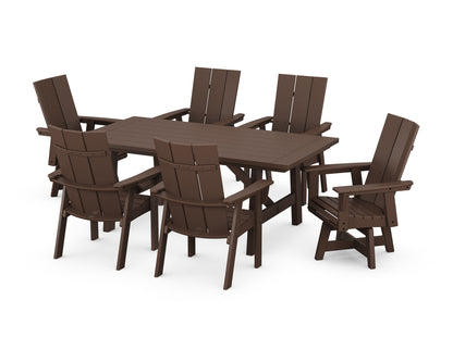 POLYWOOD Modern Curveback Adirondack 7-Piece Rustic Farmhouse Swivel Dining Set in Mahogany