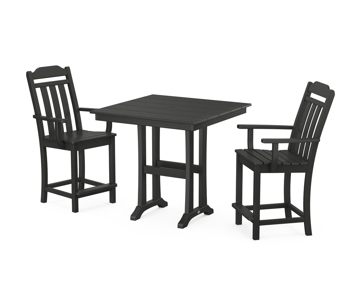 POLYWOOD Country Living Cottage 3-Piece Farmhouse Counter Set with Trestle Legs in Black