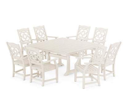 POLYWOOD Chinoiserie 9-Piece Square Dining Set with Trestle Legs in Sand