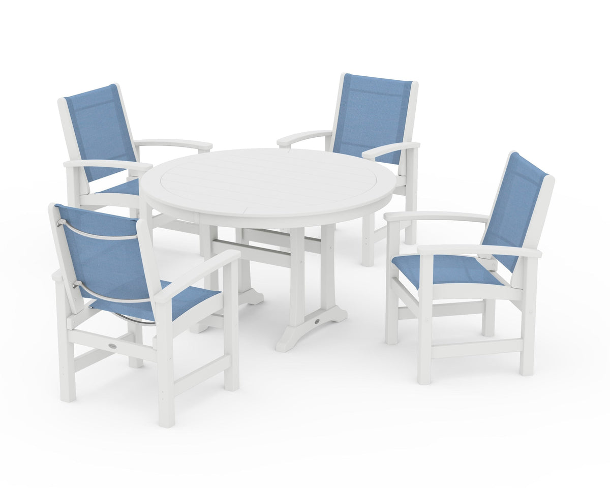 POLYWOOD Coastal 5-Piece Round Dining Set with Trestle Legs in White / Poolside