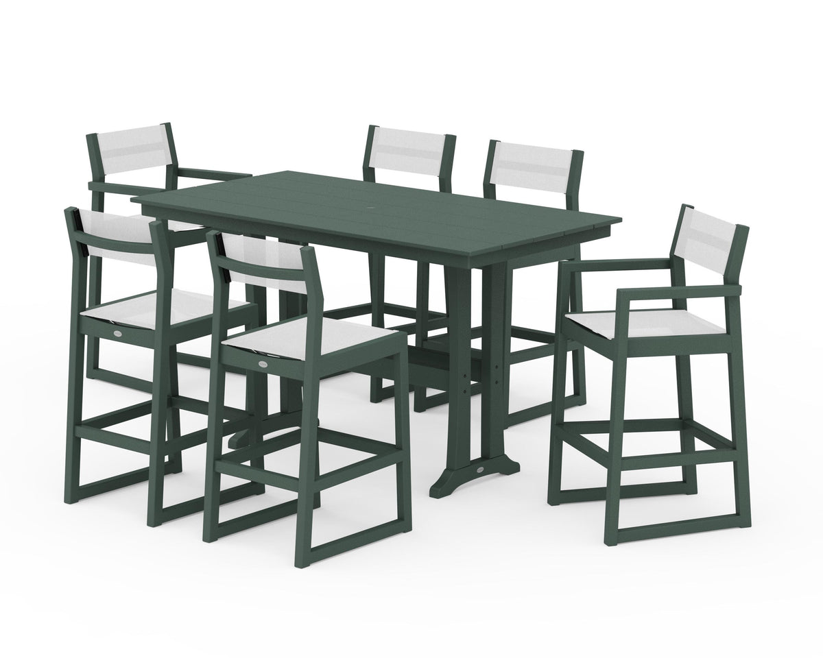 POLYWOOD EDGE Sling 7-Piece Farmhouse Bar Set with Trestle Legs in Green / White