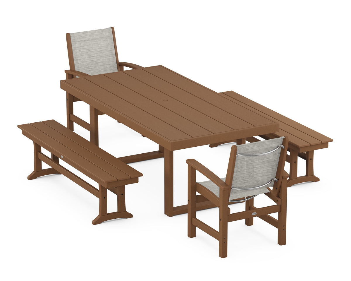 POLYWOOD Coastal 5-Piece Dining Set with Trestle Legs with EDGE 40" x 78" Dining Table in Teak / Birch