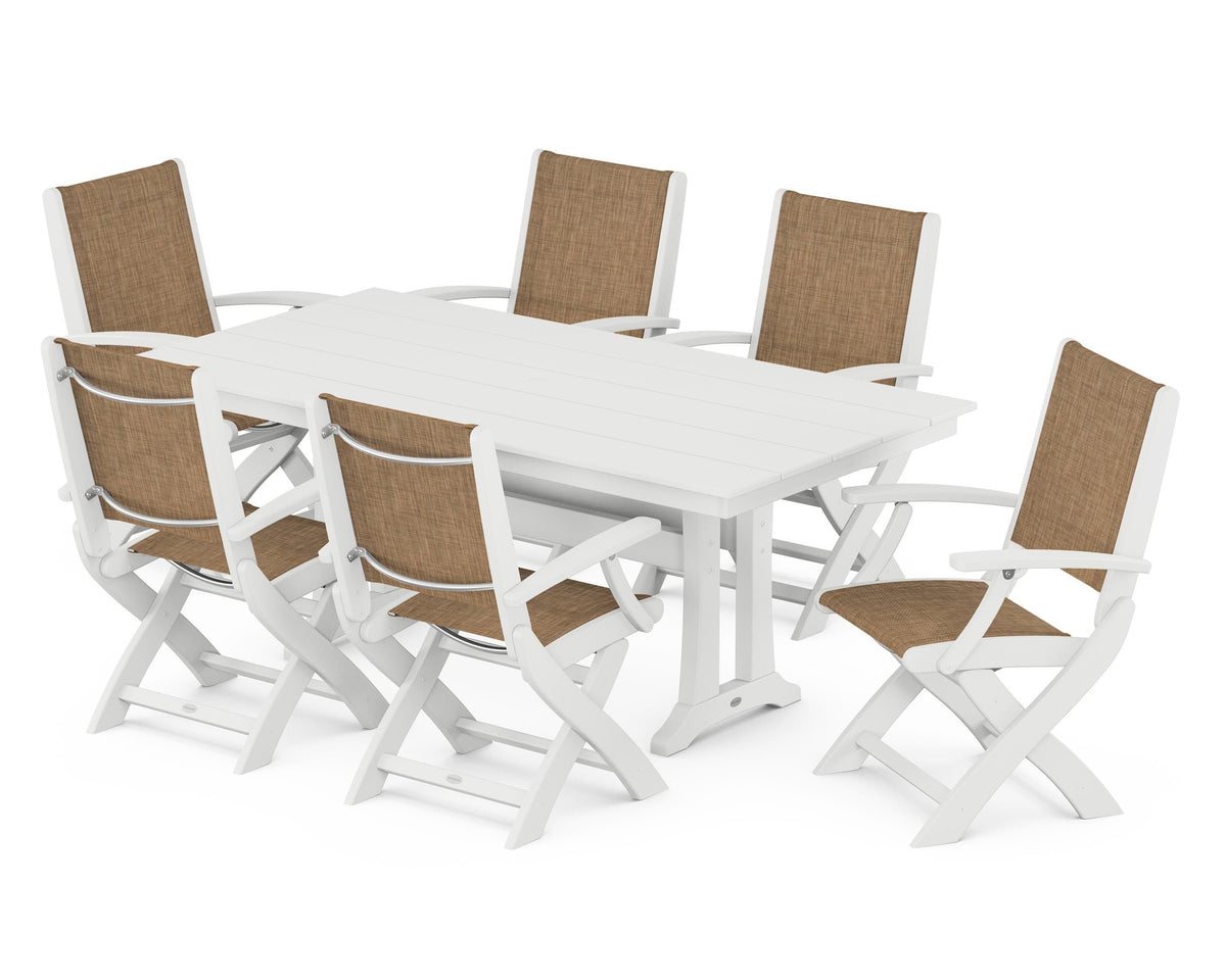 POLYWOOD Coastal Folding Arm Chair 7-Piece Farmhouse Dining Set with Trestle Legs in White / Burlap