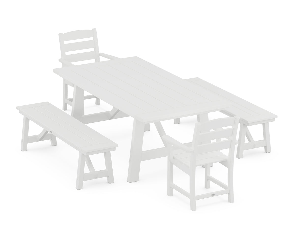POLYWOOD Lakeside 5-Piece Rustic Farmhouse Dining Set with Benches in White