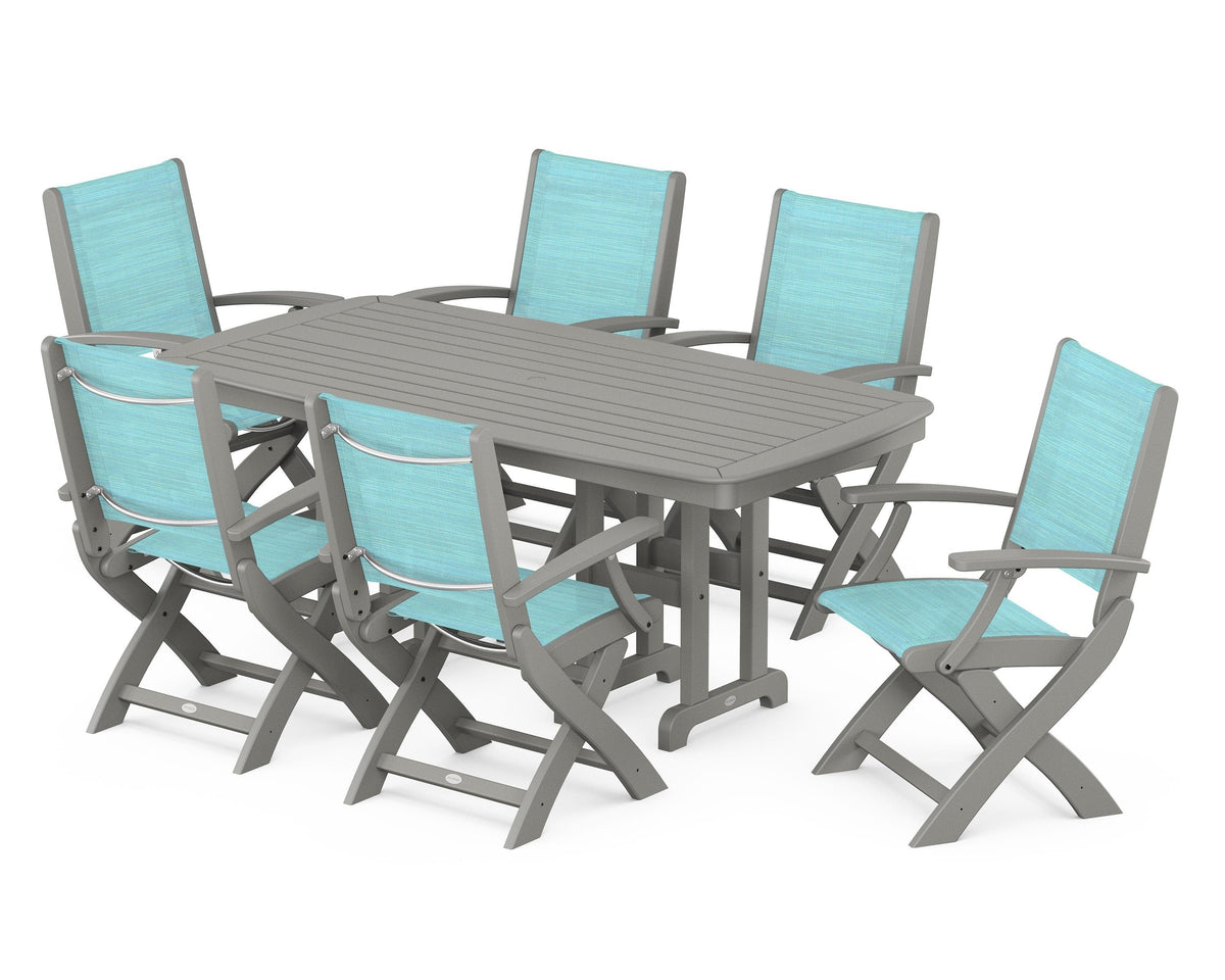 POLYWOOD Coastal Folding Arm Chair 7-Piece Dining Set in Slate Grey / Dupioni Aquamarine