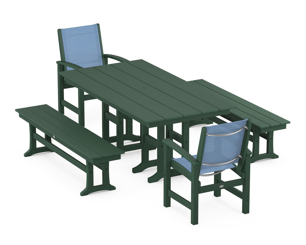 POLYWOOD Coastal 5-Piece Farmhouse Dining Set with Farmhouse 37" x 72" Dining Table in Green / Poolside