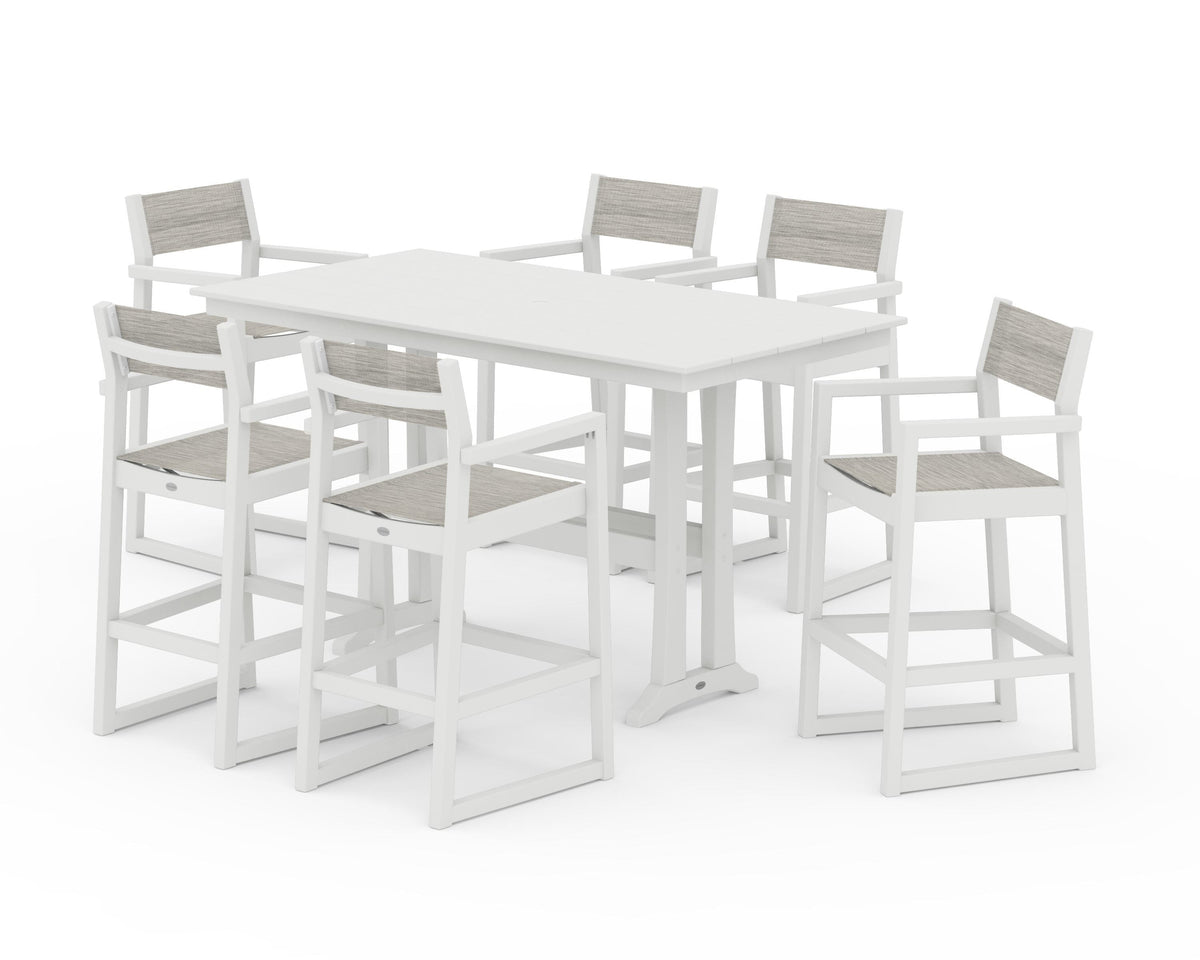 POLYWOOD EDGE Sling Arm Chair 7-Piece Farmhouse Bar Set with Trestle Legs in Vintage White / Birch