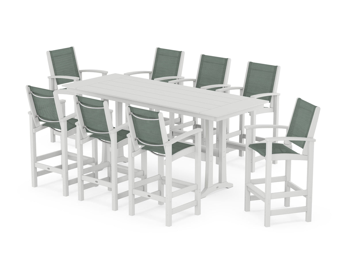 POLYWOOD Coastal 9-Piece Farmhouse Bar Set with Trestle Legs in White / Dupioni Sea Mist