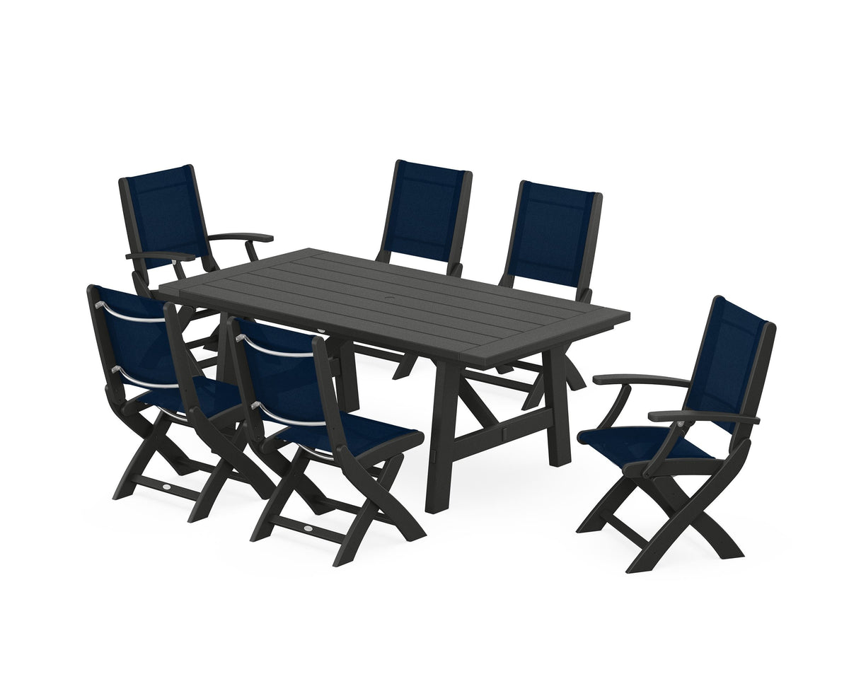 POLYWOOD Coastal Folding Chair 7-Piece Rustic Farmhouse Dining Set in Black / Navy Blue