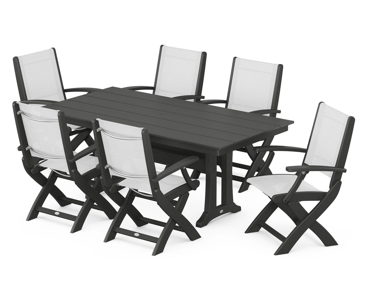POLYWOOD Coastal Folding Arm Chair 7-Piece Farmhouse Dining Set with Trestle Legs in Black / White
