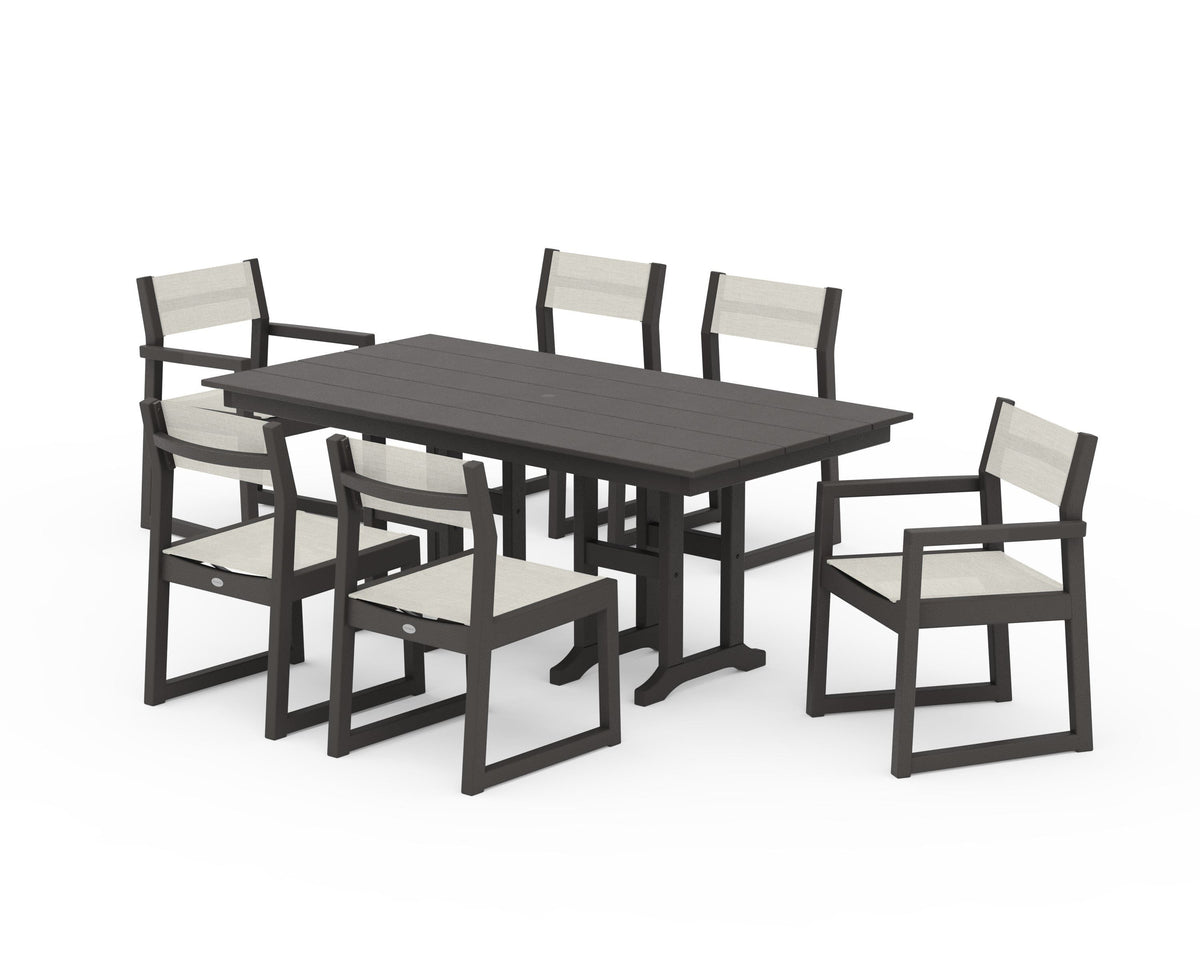 POLYWOOD EDGE Sling 7-Piece Farmhouse Dining Set in Vintage Coffee / Parchment