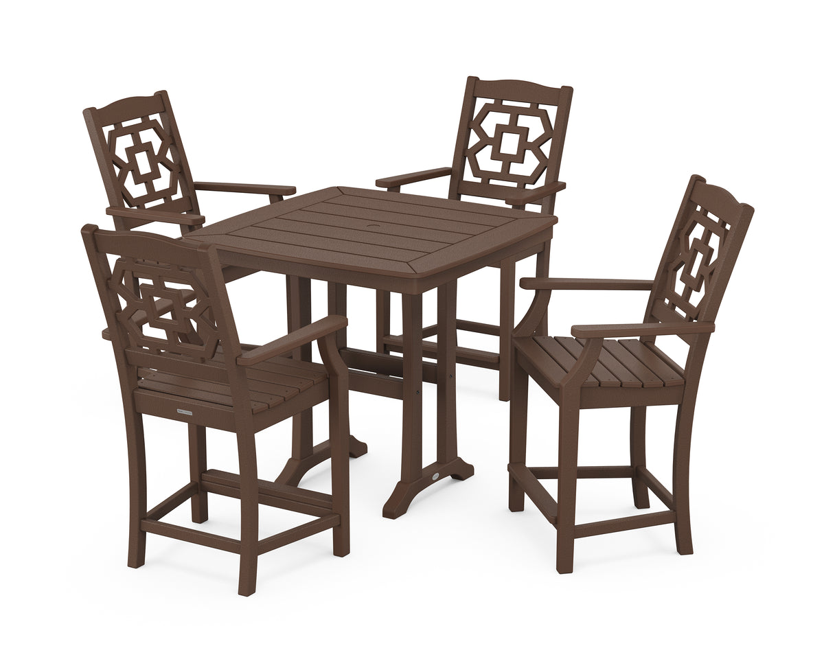POLYWOOD Chinoiserie 5-Piece Counter Set with Trestle Legs in Mahogany
