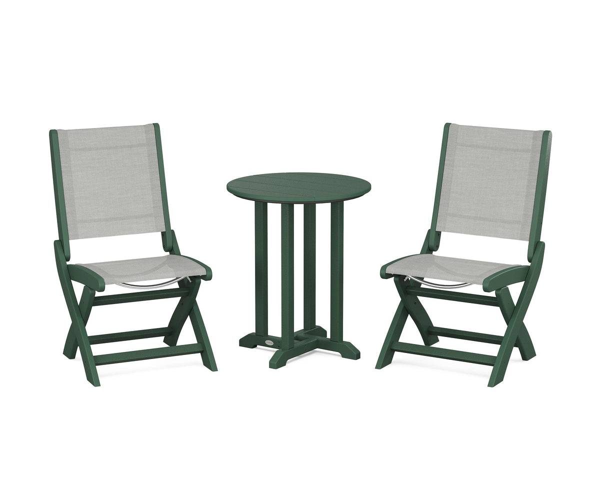 POLYWOOD Coastal Folding Side Chair 3-Piece Round Bistro Dining Set in Green / Metallic