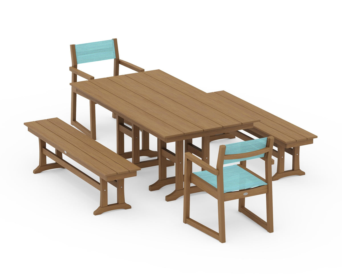 POLYWOOD EDGE Sling Arm Chair 5-Piece Farmhouse Dining Set with Benches in Natural / Dupioni Aquamarine