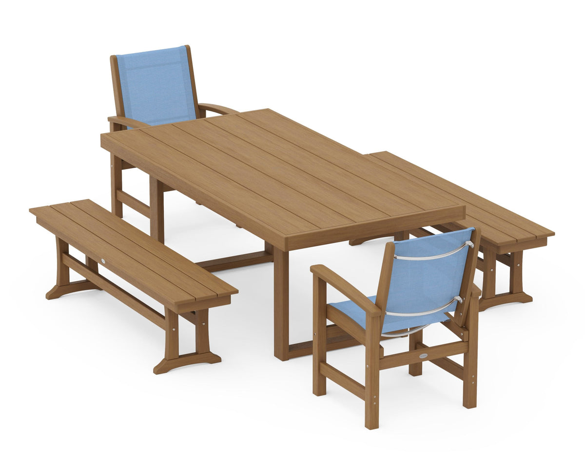 POLYWOOD Coastal 5-Piece Dining Set with Trestle Legs with EDGE 40" x 78" Dining Table in Natural / Poolside