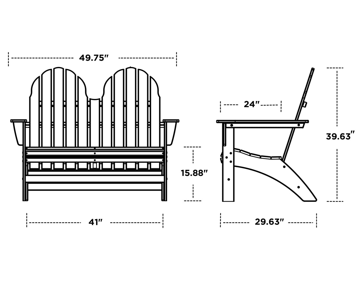POLYWOOD Vineyard 48" Adirondack Bench dimension drawing with width, depth and height measurements