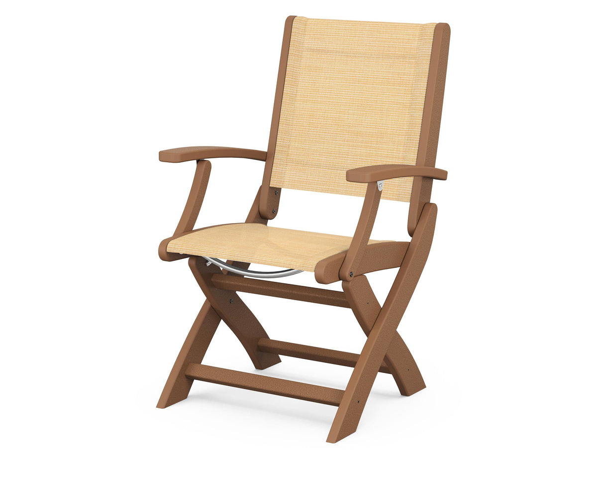 POLYWOOD Coastal Folding Chair in Teak with Teak arms and Dupioni Apricot sling