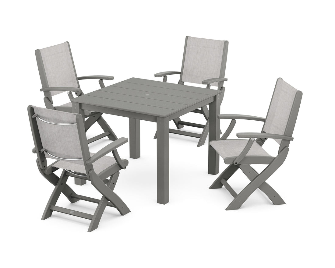 POLYWOOD Coastal Folding Chair 5-Piece Parsons Dining Set in Slate Grey / Black