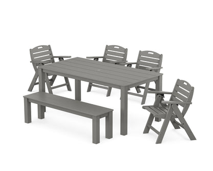 POLYWOOD Nautical Folding Lowback Chair 6-Piece Parsons Dining Set with Bench in Slate Grey
