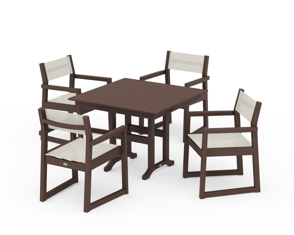 POLYWOOD EDGE Sling Arm Chair 5-Piece Farmhouse Dining Set in Mahogany / Parchment