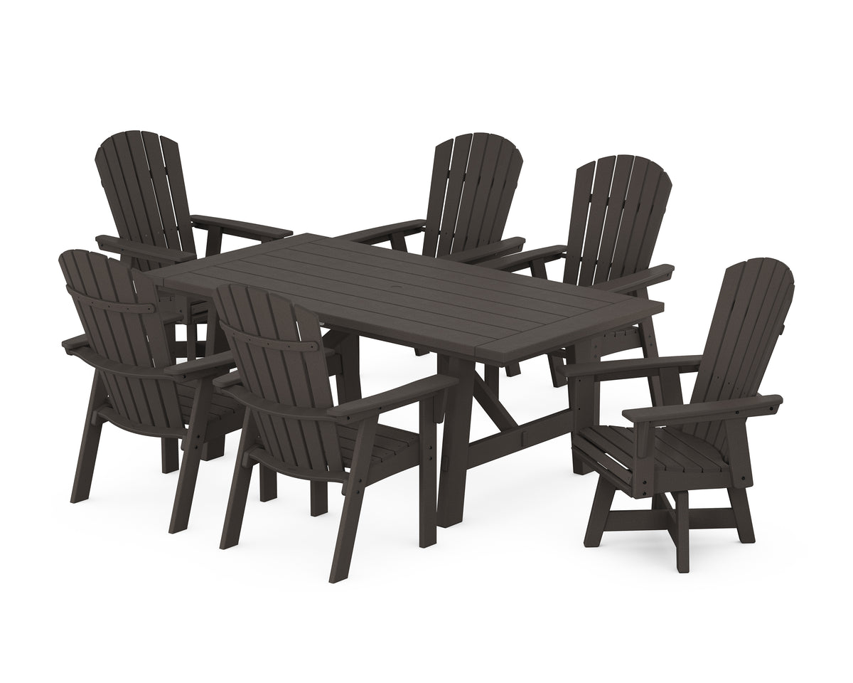 POLYWOOD Nautical Curveback Adirondack Swivel Chair 7-Piece Rustic Farmhouse Dining Set in Vintage Coffee