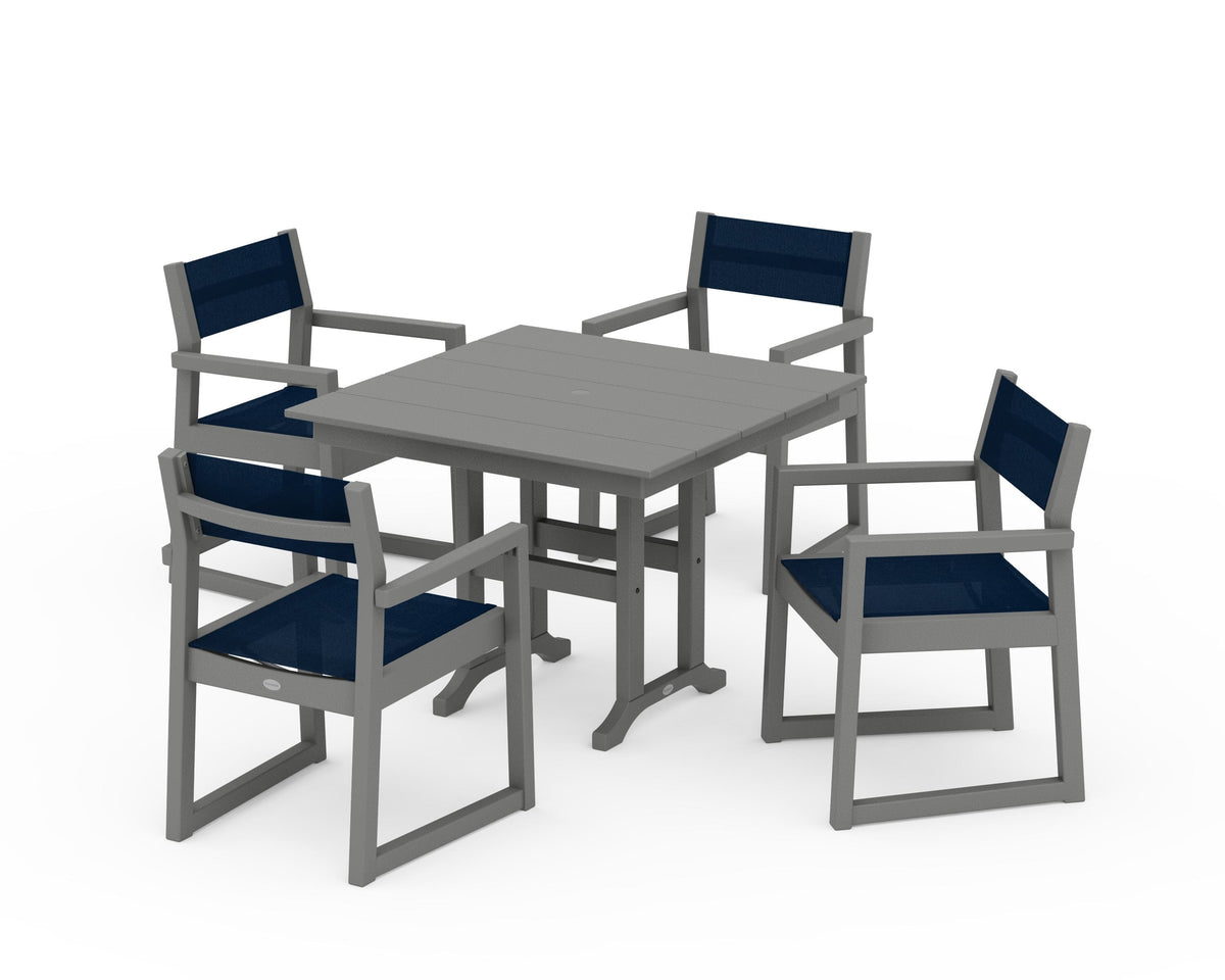 POLYWOOD EDGE Sling Arm Chair 5-Piece Farmhouse Dining Set in Slate Grey / Navy Blue
