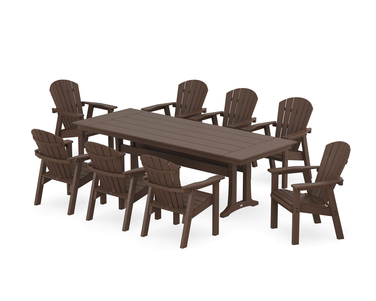 POLYWOOD Seashell 9-Piece Farmhouse Dining Set with Trestle Legs in Mahogany
