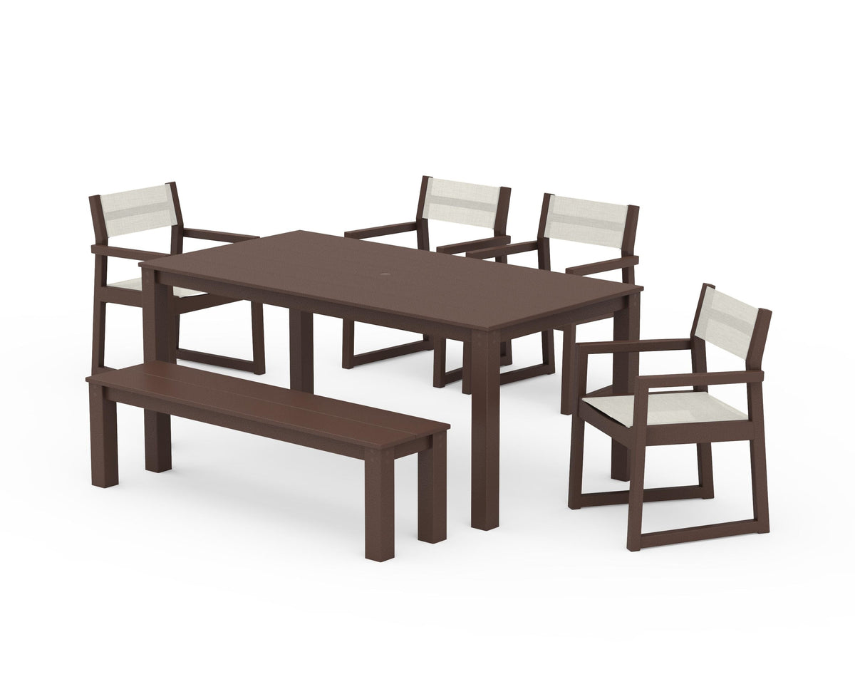 POLYWOOD EDGE Sling Arm Chair 6-Piece Parsons Dining Set with Bench in Mahogany / Parchment