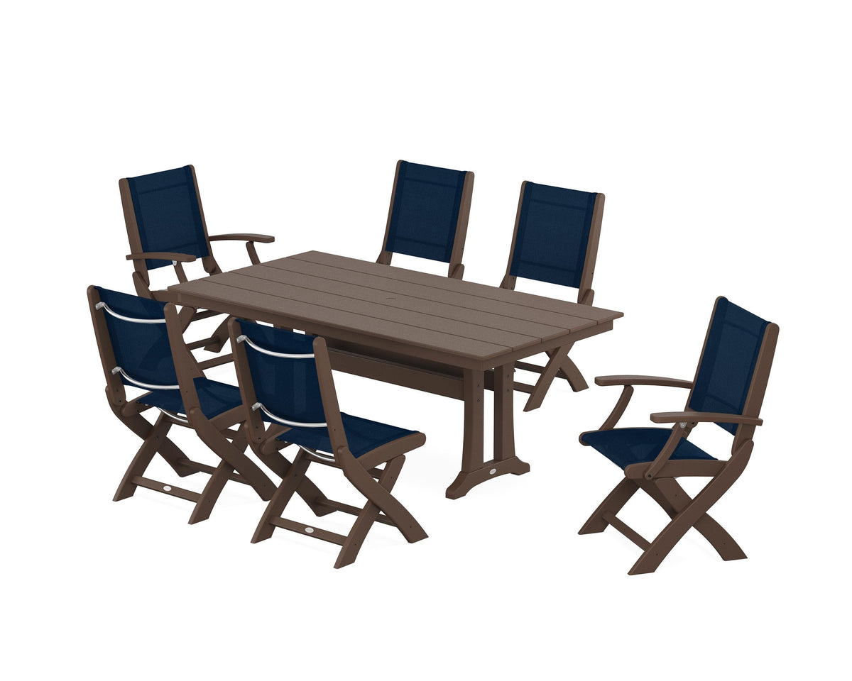 POLYWOOD Coastal Folding Chair 7-Piece Farmhouse Dining Set with Trestle Legs in Mahogany / Navy Blue