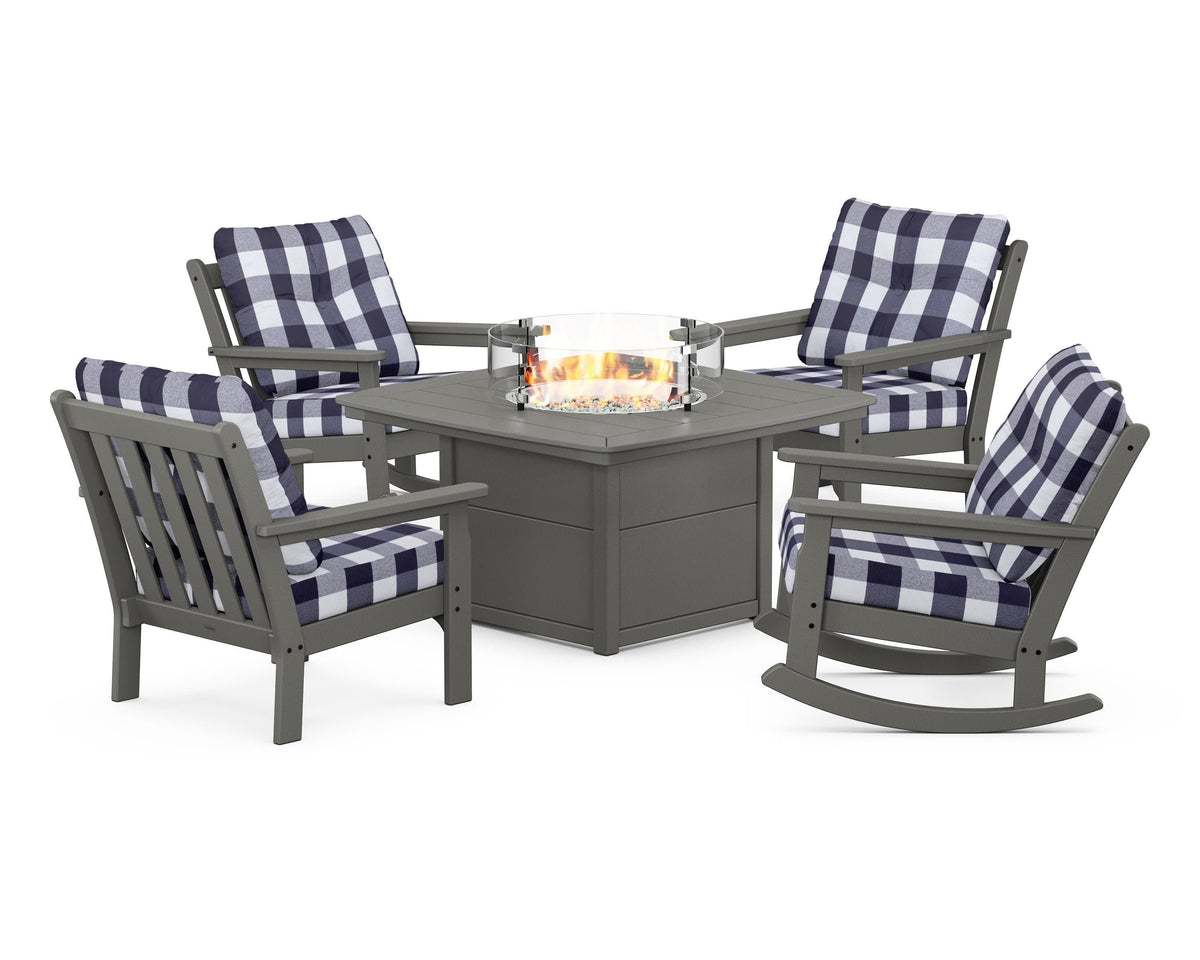 POLYWOOD Vineyard 5-Piece Deep Seating Rocking Chair Conversation Set with Fire Pit Table in Slate Grey / Buffalo Plaid Navy