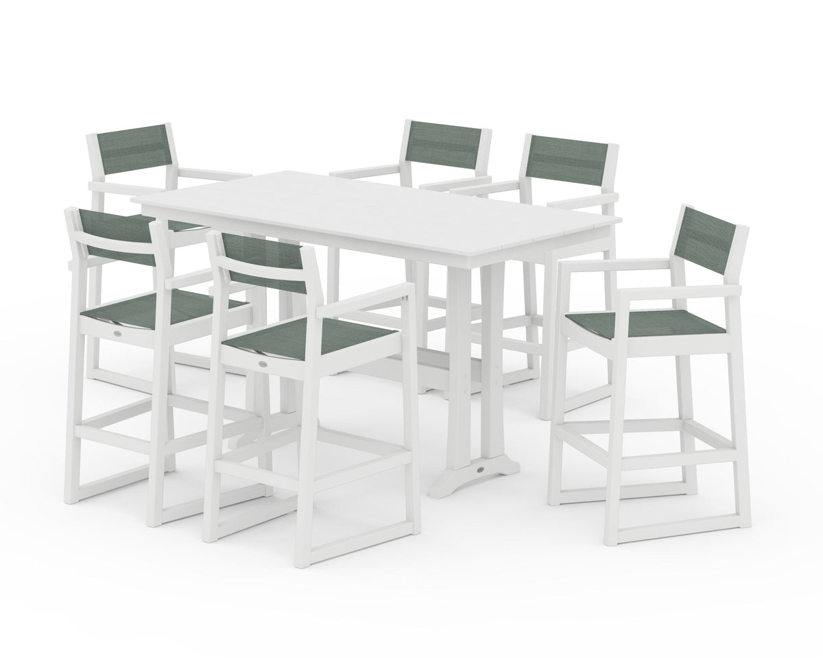 POLYWOOD EDGE Sling Arm Chair 7-Piece Farmhouse Bar Set with Trestle Legs in White / Dupioni Sea Mist